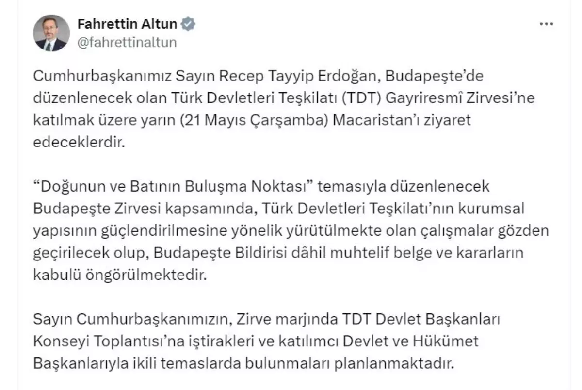Cumhurbaşkanı Erdoğan, Budapeşte'de düzenlenecek Türk Devletleri Teşkilatı Zirvesi'ne katılacak