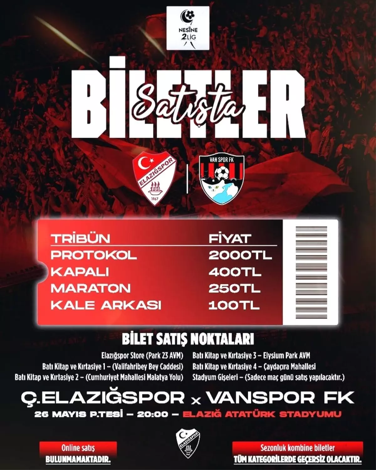 Elazığspor'un Vanspor Maçı Biletleri Satışta