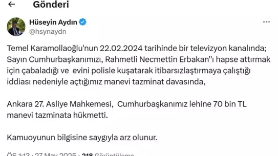 Temel Karamollaoğlu'na 70 Bin TL Tazminat
