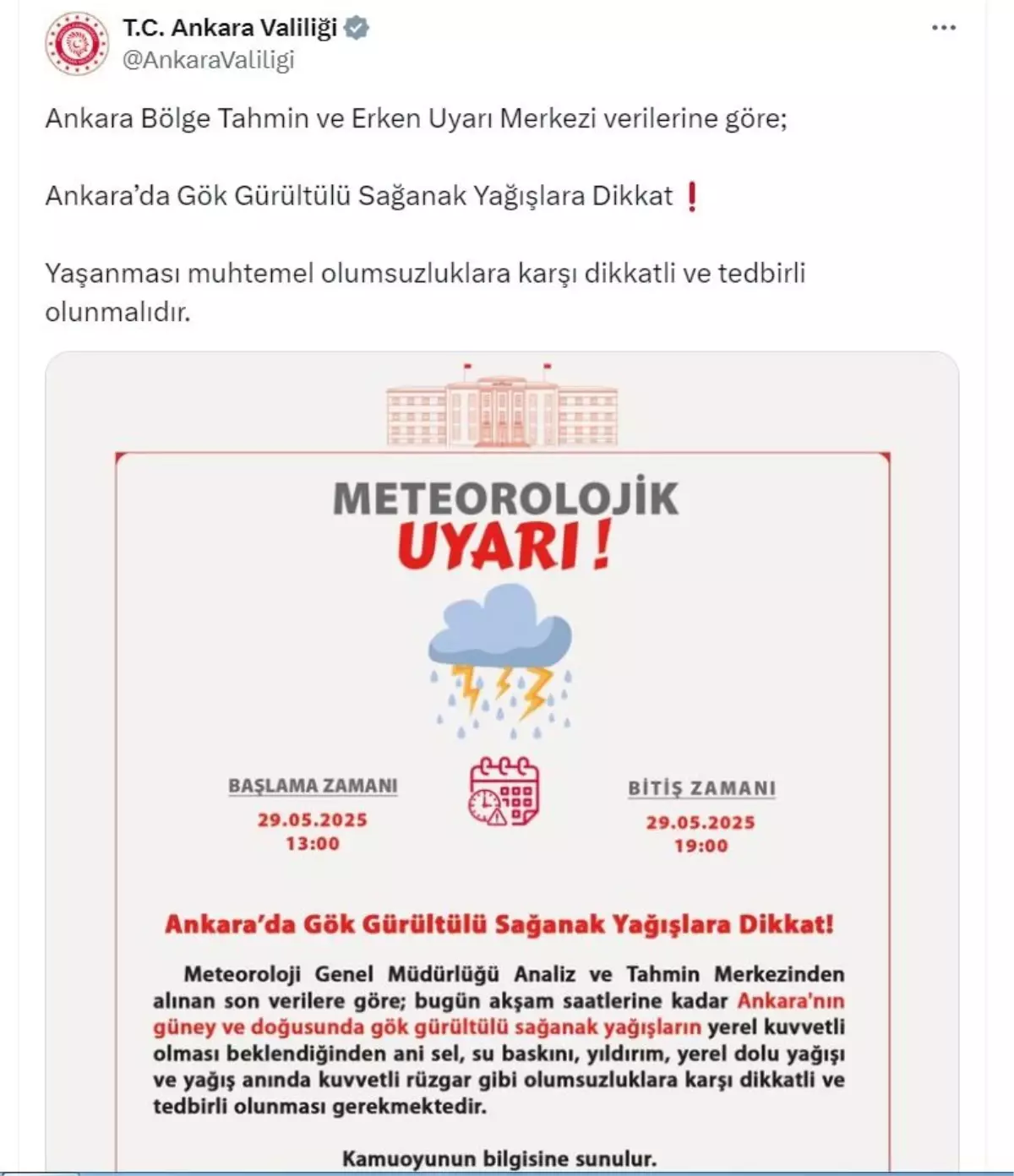 Ankara'da Gök Gürültülü Sağanak Uyarısı