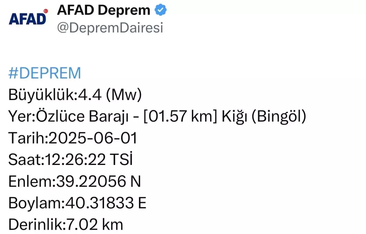 Bingöl'de 4,4 Büyüklüğünde Deprem